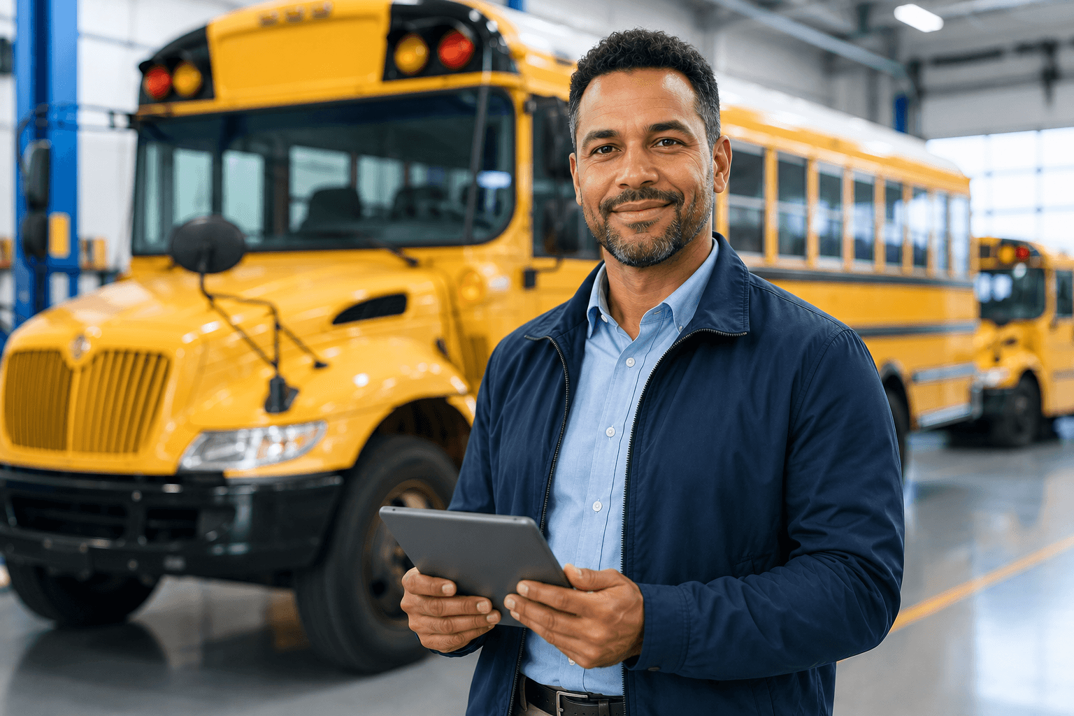 A transportation manager reviewing 19-A compliance on a tablet in front of a row of school buses