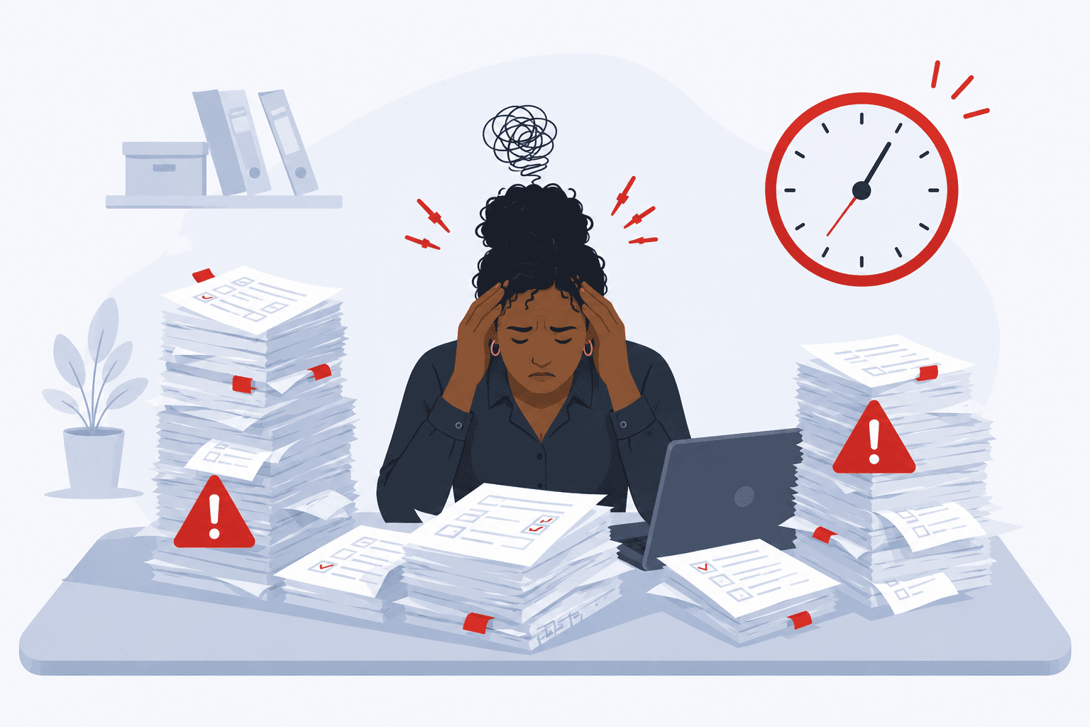 An overwhelmed compliance manager buried in 19-A paperwork against a ticking deadline